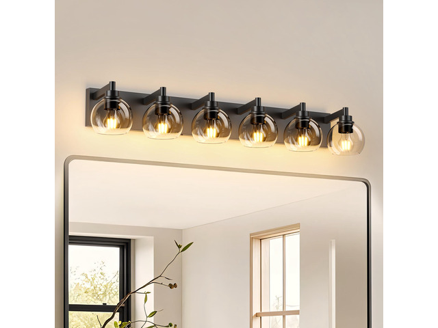 Farmhouse Bathroom Vanity Light Fixtures, 6-Light Bathroom Light Fixtures Over Mirror, Rustic Sconces Wall Lighting with Glass Shade for Living...