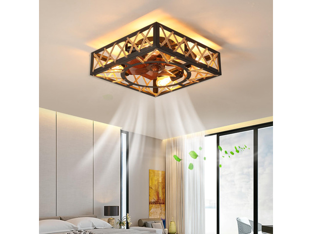 Farmhouse Rustic Ceiling Fan and Remote Control,Square Caged industrial Ceiling Fixture with 6 Speeds & Noiseless Dc Motor for Kitchen Dining Room...