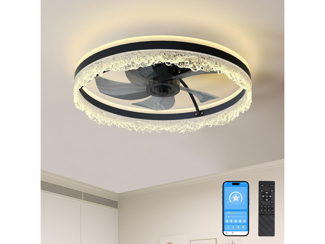 20' Smart Silent Ceiling Fan with Light Crystal Flush Mount Led Fan Lamp with Hidden Blades and Natural Airflow System, Designed for Bedroom,...