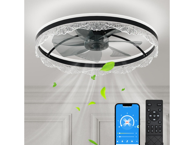 24' Quiet Ceiling Fan with Light Led Crystal Flush Mount Fan Lamp with Hidden Blades and Natural Airflow, Perfect for Bedroom, Kids Room, Study Room