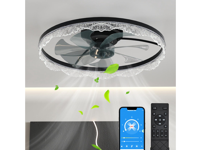 24' Decorative Led Ceiling Fan Light Modern Flush Mount with Acrylic Ring, Hidden Blades, Remote Control, and Dimmable Light for Stylish Homes...