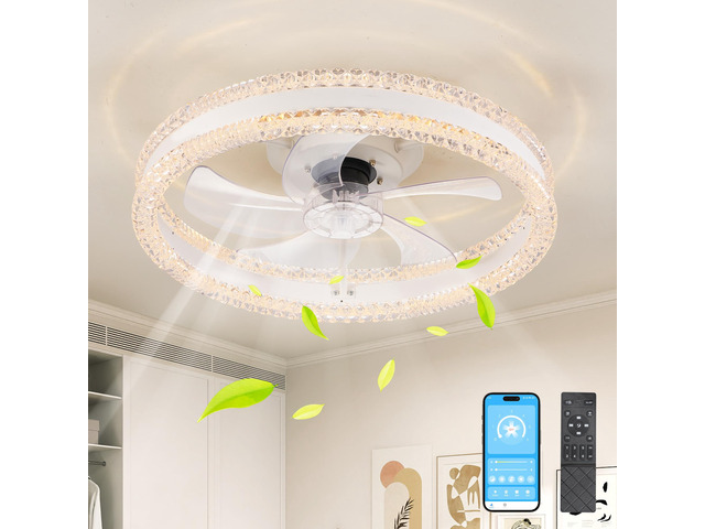 20' Luxury Double Ring Led Ceiling Fan with Light Modern Flush Mount Design, Hidden Blades, Dimmable Lighting & Remote Control, Low Profile Silent...