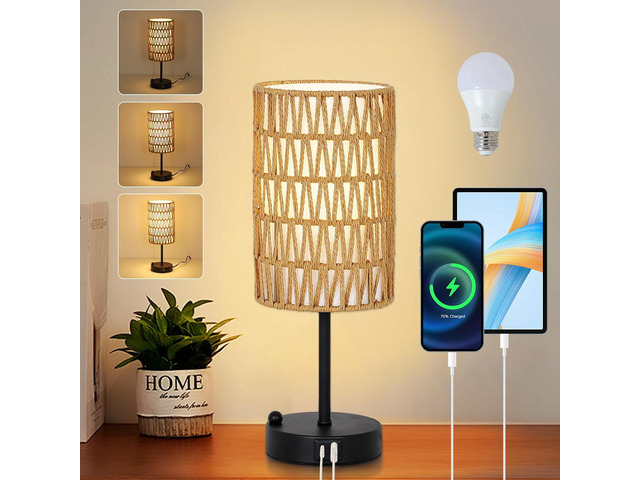 touch Table Lamp for Bedroom with Bulb, Boho Small Desk Lamp for Living Room with Rattan & Linen Shade, 3 Way Dimmable Bedside Table Lamp for...