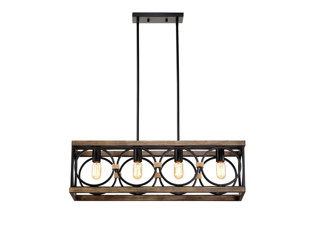 4-Light (Bulb No included)Farmhouse Rectangle Pendant Light,31.6' Nature Wood Texture Vintage Rustic Chandeliers Black Metal industrial Hanging...
