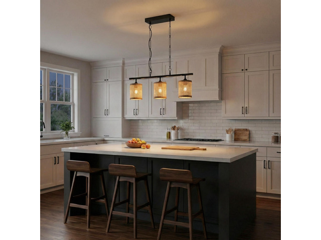 Elysian Three Lights Island with Natural Rattan Shade Farmhouse Chain Ceiling Lamp