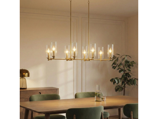 Willow Eight Lights Island with Clear Ribbed Glass Pendant Lamp - Satin Brass