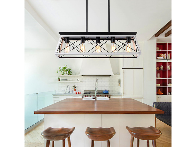 32' Black White industrial 5-Light Pendant Chandelier, Modern Metal Cage Design, Adjustable Hanging Light for Dining Room, Kitchen, Living Room (No...