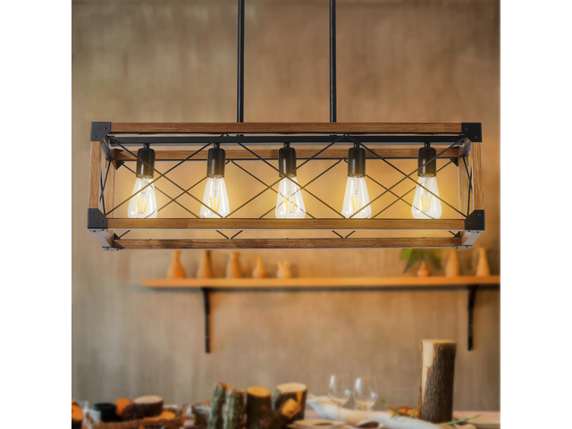 32' Walnut industrial Farmhouse Rectangle Pendant Light, 5-Light Chandelier for Dining Room, Kitchen Island, Cafe Decor (No Bulbs)