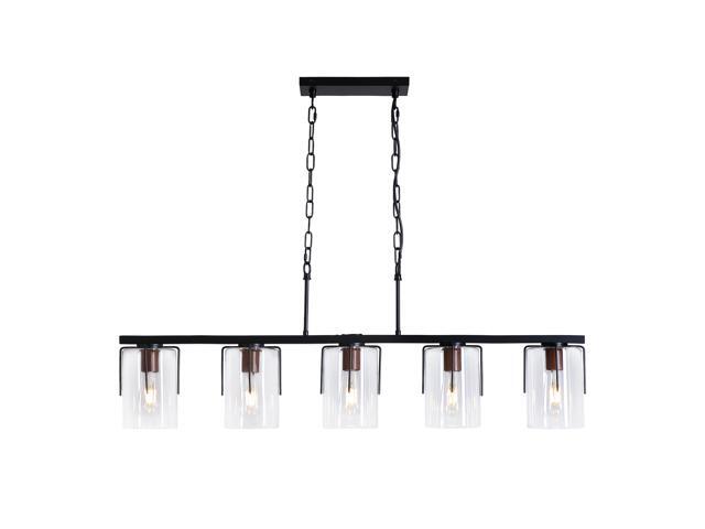 5-Light Linear Chandelier, industrial Kitchen Island Lighting with Adjustable Height, Clear Glass Shades & Wood Grain Accent, E26 Base, Modern...