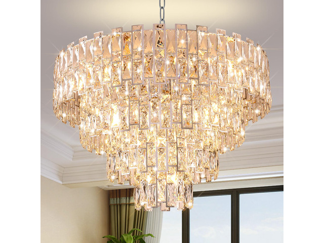 Chrome Luxury Crystal Chandelier for Dining Room, 32-inch Modern Ceiling Light, French Empire Style with Premium K9 Crystals, Elegant Chrome...