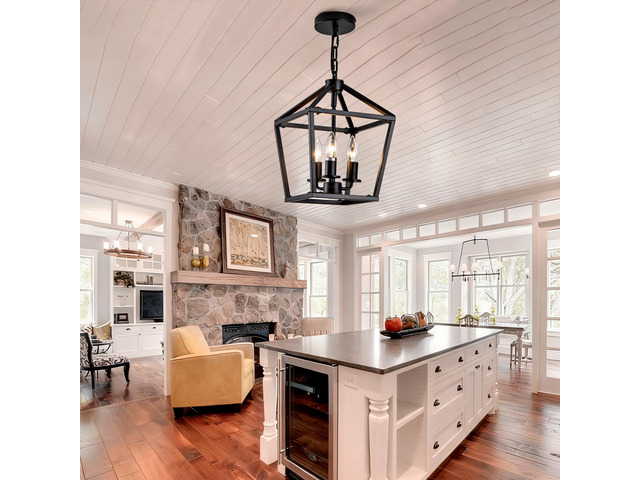 Farmhouse Lantern Chandelier 3-Light, industrial Black Ceiling Light Fixture with Rustic Open Cage and Adjustable Hanging Height, E12 Base for...