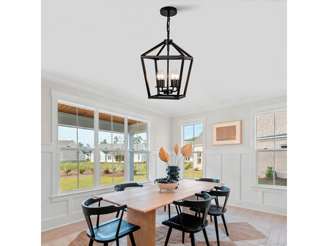 Farmhouse Lantern Chandelier 4-Light, industrial Black Ceiling Light Fixture with Rustic Open Cage and Adjustable Hanging Height, E12 Base for...