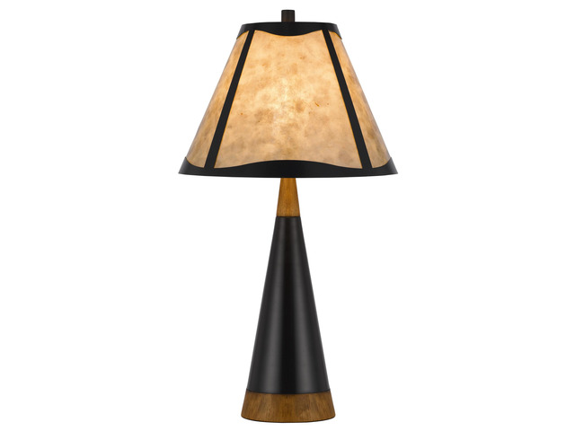 30 inch 3 Way Table Lamp, Beige Mica Shade, Rubberwood and Black Metal Body