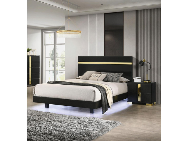Modern Black 3Pc Bedroom Set Full Size Bed W Led 2X Nightstands Mattress Ready Furniture Acrylic Trim