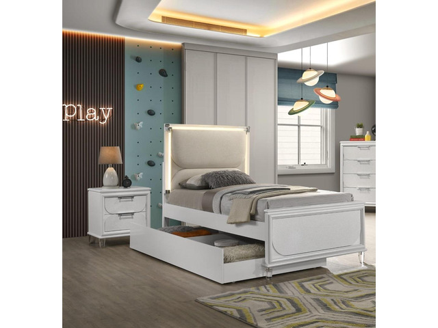 Contemporary Glam Pearl White Full Size Bed W Trundle 2x Nightstands Embossed Panel 3pc Bedframe Bedroom Furniture