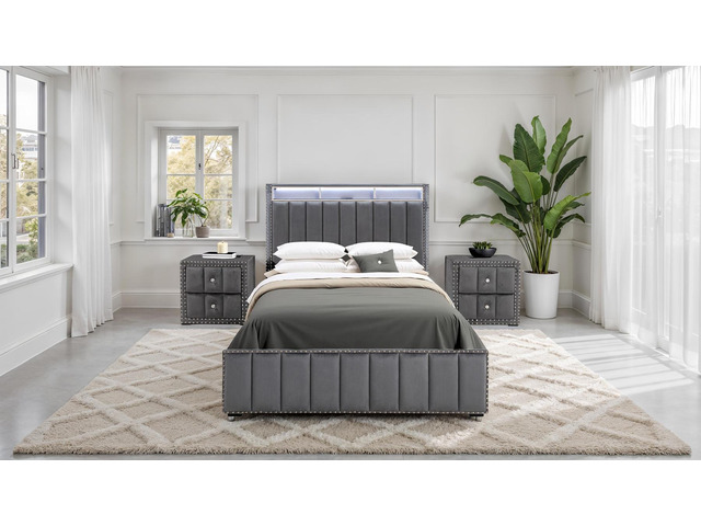 Contemporary 3Pc Bedroom Set Queen Size Bed 2X Nightstands Bedroom Furniture Dark Gray Fabric Upholstered Bedframe W Led Nailhead Trim