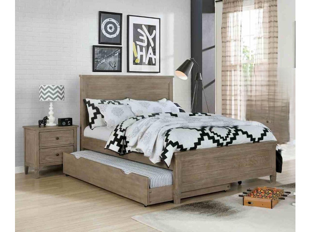 Transitional Full Size Bed w Trundle 2x Nightstands Warm Gray Bedroom Furniture Wood Grain Texture 3pc Set