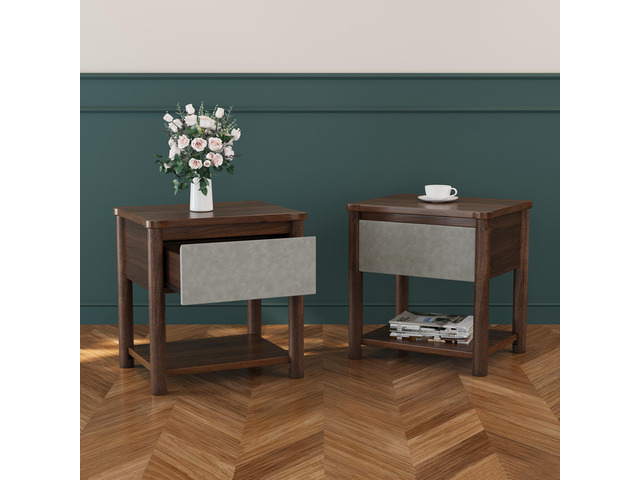 Wood Nightstand,Modern Nightstands With Drawer, Farmhouse Bedside Table For Bedroom Living Room,Mp2(Set Of 2) Walnut & Light Grey Color