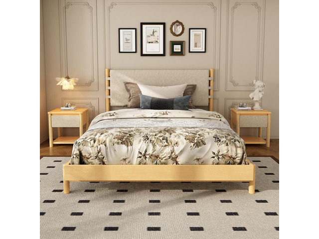 Modern Queen Bed Frame Set With 2 Nightstands, Beige Wood Platform Bed With Headboard And Matching Bedside Tables For Bedroom