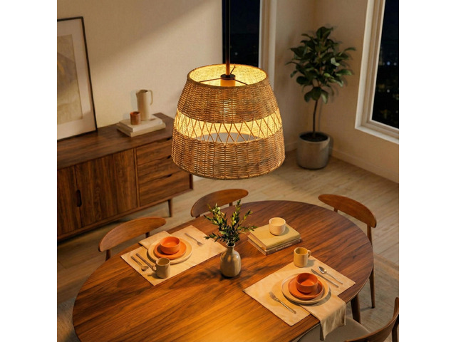 Essence Single Lights Pendant with Rattan Shade Black Metal Finish for Farmhouse Style