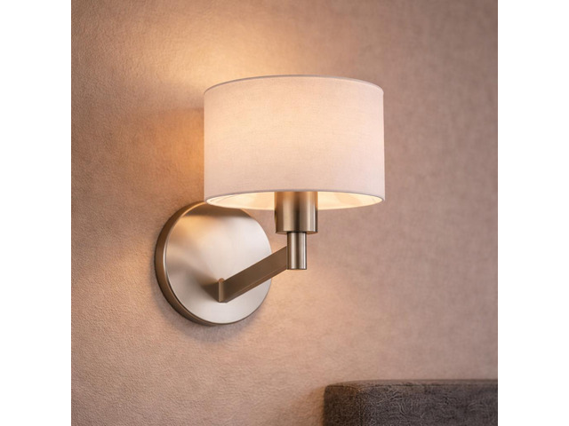 Nebula Brushed Nickel Base Wall Lamp with Rotary Switch White Fabric Shade