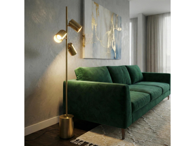Harmony Brassed Gold Floor Lamp with Rotary Switch Triple Spots Metal Block Base