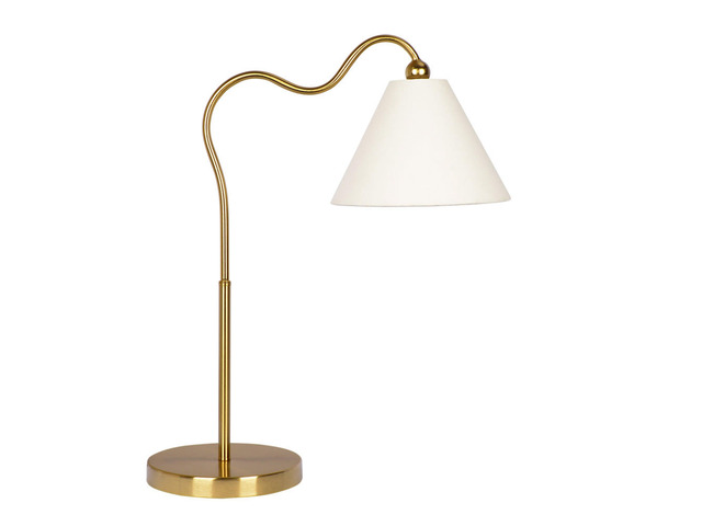 Ornate Brass Ring Base Curved Table Lamp with Triangle White Drum Shade, Gold, Metal, 18.25 x 9.50 x 22.00 inches