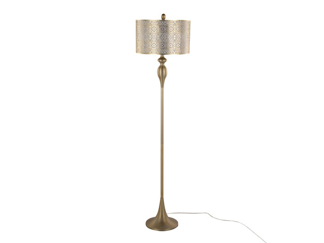 63' Contemporary Metal Floor Lamp in Gold Metal with Laser Cut Metal and Off-White Linen Shade
