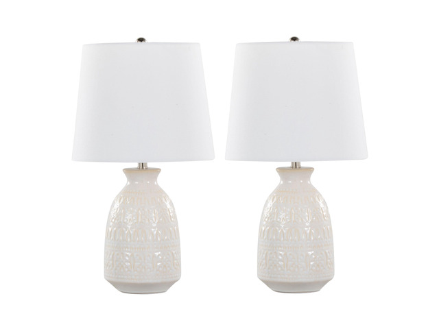 Claudia 20' Contemporary Ceramic Accent Lamp in Off-White Ceramic, Polished Nickel Accents and White Linen Shade From Grandview Gallery - Set Of 2