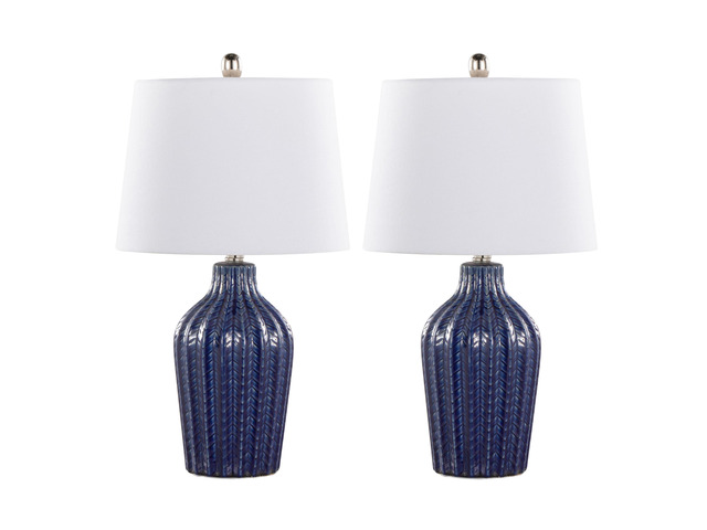 Rockwell 23' Contemporary Ceramic Table Lamp in Dark Blue Ceramic, Polished Nickel and White Linen Shade From Grandview Gallery - Set Of 2
