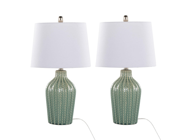 Rockwell 23' Contemporary Ceramic Table Lamp in Sage Crackle Ceramic, Polished Nickel and White Linen Shade From Grandview Gallery - Set Of 2