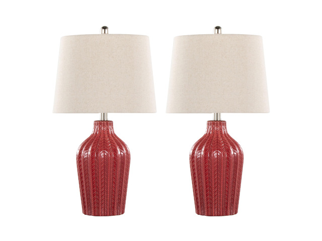 Rockwell 23' Contemporary Ceramic Table Lamp in Glossy Brick Red Ceramic, Polished Nickel and Natural Linen Shade From Grandview Gallery - Set Of 2