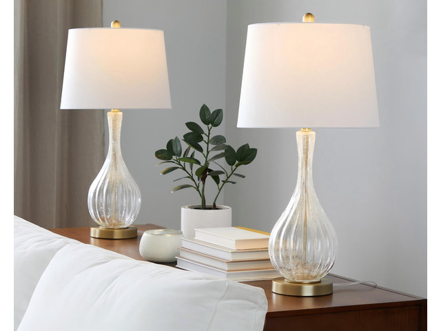Jenny 27' Contemporary Glass Table Lamp in Clear Crackle Glass, Gold Metal and White Linen Shade From Grandview Gallery - Set Of 2