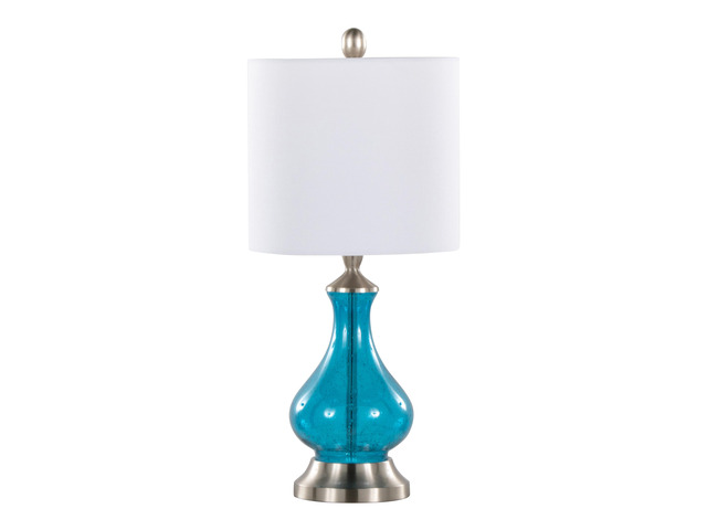 Jasmine 22' Contemporary Glass Accent Lamp in Clear Sapphire Blue Seeded Glass, Brushed Nickel and White Linen Shade