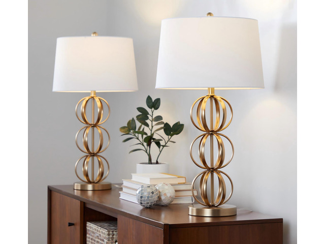 Linx 29' Contemporary Metal Table Lamp in Gold Metal and White Linen Shade From Grandview Gallery - Set Of 2
