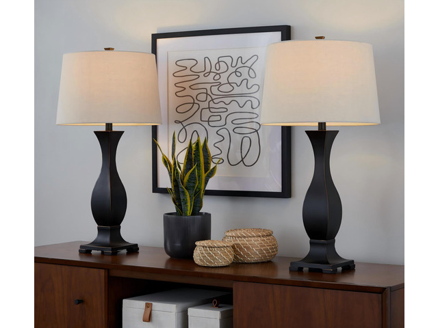29' Contemporary Polyresin Table Lamp in Oil Rubbed Bronze Polyresin with Oat Linen Shade From Grandview Gallery - Set Of 2