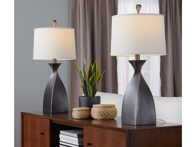 30' Contemporary Polyresin Table Lamp in Rubbed Grey Slate Polyresin with White Linen Shade From Grandview Gallery - Set Of 2