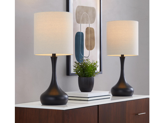 Genie 24' Contemporary Metal Table Lamp in Matte Black Metal with Oatmeal Linen Shade From Grandview Gallery - Set Of 2