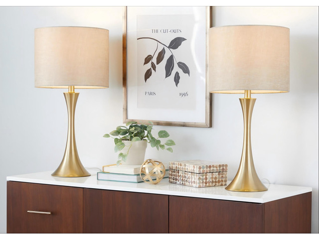 24' Contemporary Metal Table Lamp in Gold Metal with Golden Metallic Linen Shade From Grandview Gallery - Set Of 2