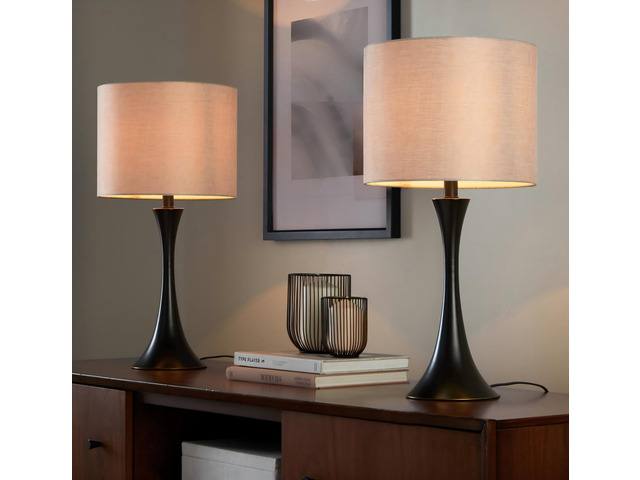24' Contemporary Metal Table Lamp in Oil Rubbed Bronze with Natural Linen Shade From Grandview Gallery - Set Of 2