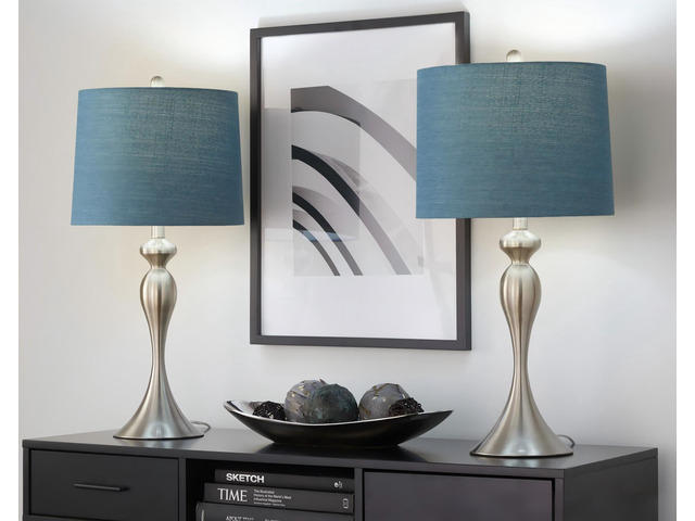 27' Contemporary Metal Table Lamp in Brushed Nickel with Mon Blue Textured Slub Linen Shade From Grandview Gallery - Set Of 2