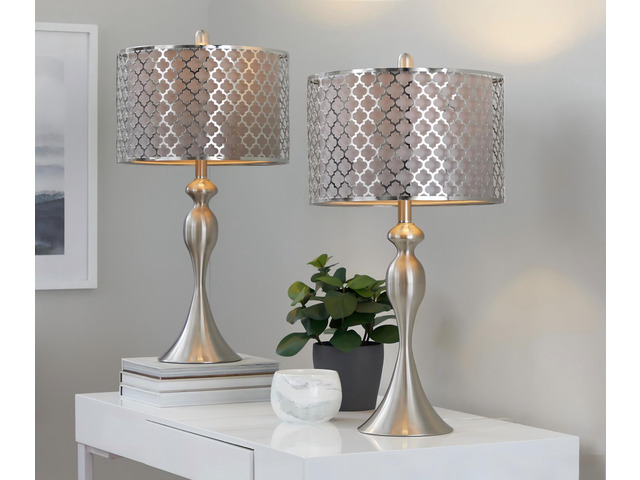 27' Contemporary Metal Table Lamp in Brushed Nickel with Grey Textured Linen and Brushed Nickel Laser Cut Shade From Grandview Gallery - Set Of 2