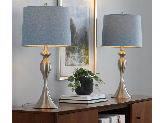 27' Contemporary Metal Table Lamp in Brushed Nickel with Light Blue Linen Shade From Grandview Gallery - Set Of 2
