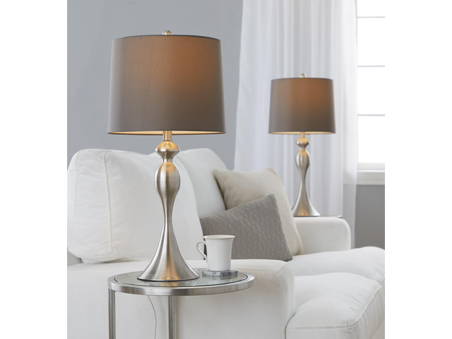 27' Contemporary Metal Table Lamp in Brushed Nickel with Taupe Satin Shade From Grandview Gallery - Set Of 2