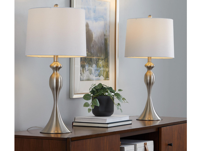 27' Contemporary Metal Table Lamp in Brushed Nickel with White Textured Linen Shade From Grandview Gallery - Set Of 2