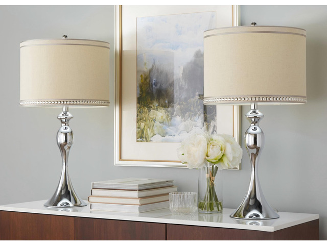 27' Contemporary Metal Table Lamp in Polished Chrome and Cream Linen Shade with Trim From Grandview Gallery - Set Of 2