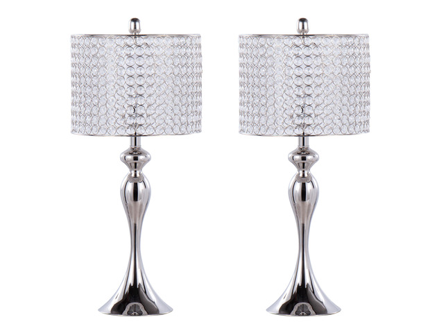 27' Contemporary Metal Table Lamp in Polished Nickel with Round Clear K9 Crystal Beads and Polished Nickel Shade From Grandview Gallery - Set Of 2