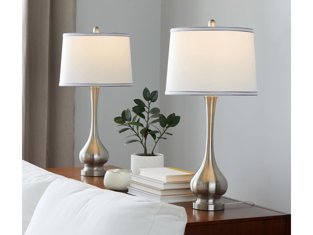 Cairo 28.75' Contemporary Metal Table Lamp in Brushed Nickel and White Linen Shade with Silver Trim From Grandview Gallery - Set Of 2