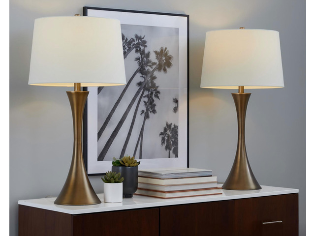 29' Contemporary Metal Table Lamp in Matte Golden Bronze with Off-White Linen Shade From Grandview Gallery - Set Of 2