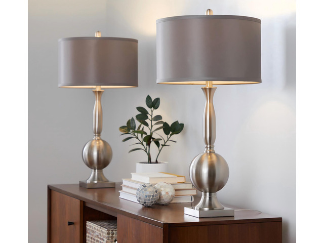 Joan 30' Contemporary Metal Table Lamp in Brushed Nickel with Grey Satin Shade From Grandview Gallery - Set Of 2